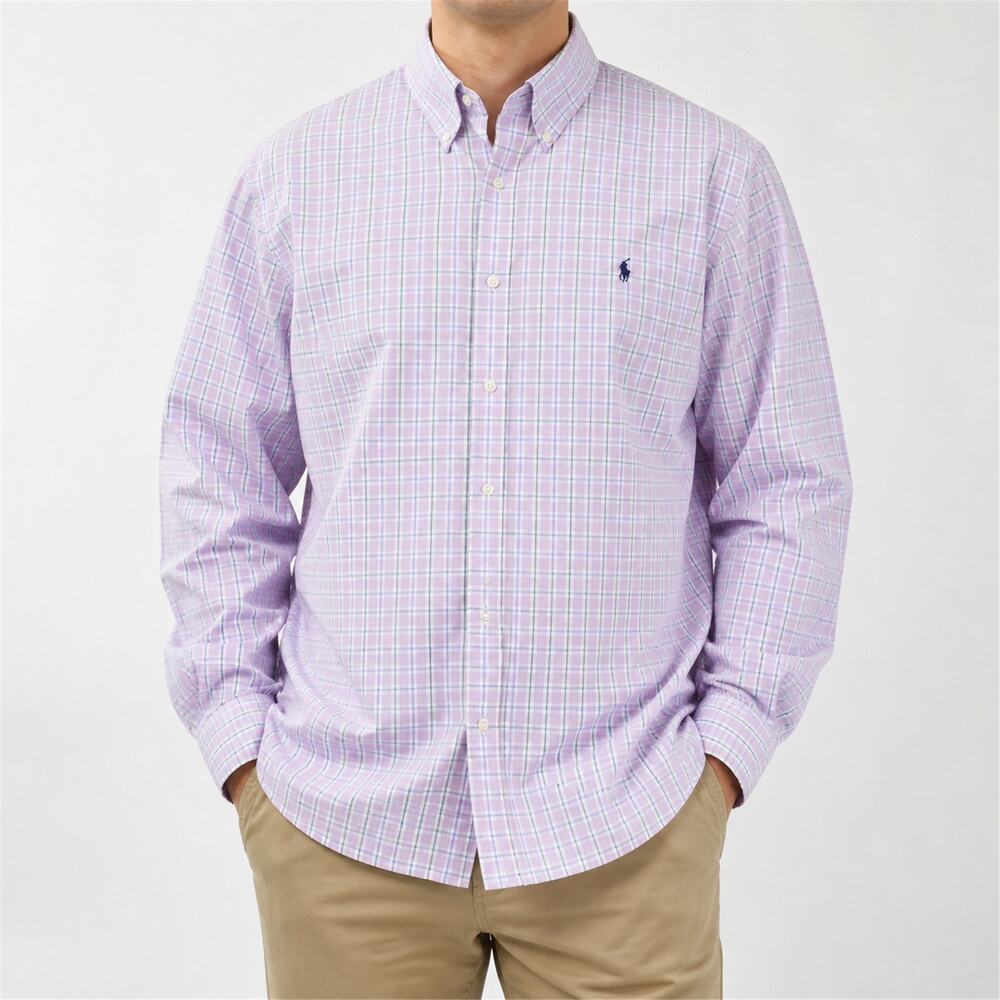 Ralph Lauren Shirt Mens 2XL Pink Green Plaid Slim Fit Performance Button Down
